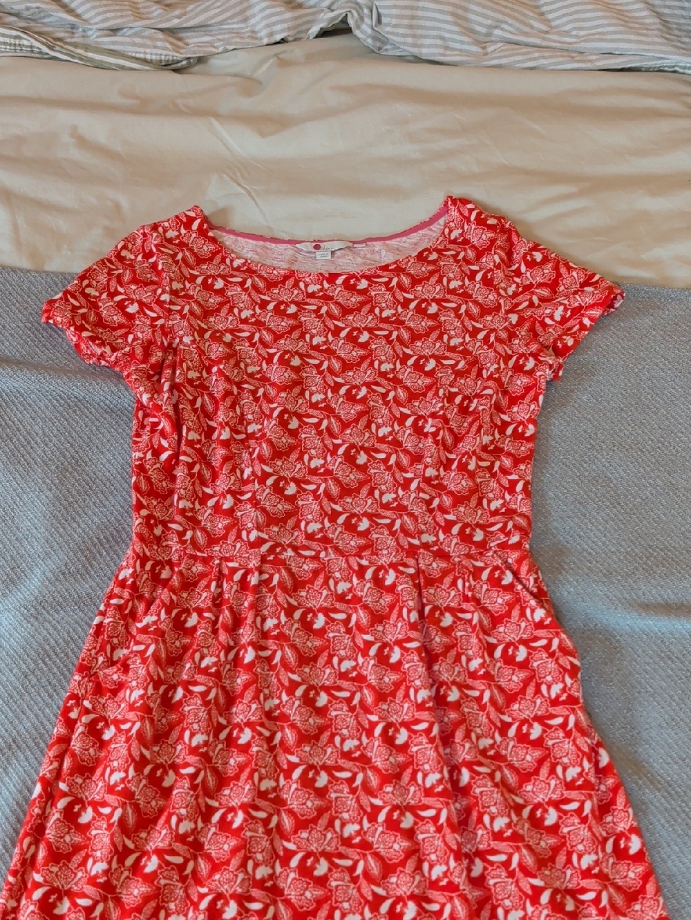 Boden Coral Red Floral Short-Sleeve Fit-and-Flare Dress